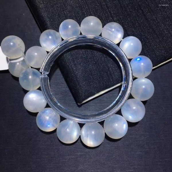 Bracciale con perline rotonde trasparenti in pietra di luna naturale blu chiaro, elasticizzato, misura 12,6 mm, misura donna uomo, pietra alla moda autentica