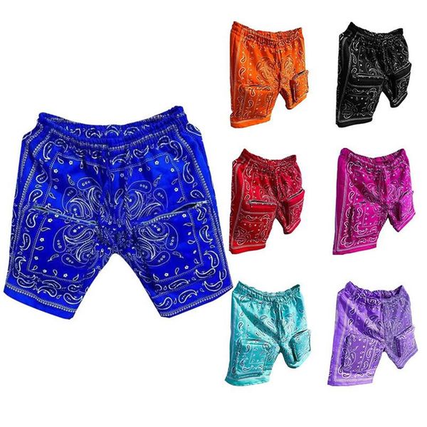 Azul paisley jacquard shorts homens hip hop 2021 verão streetwear bordado shorts bandanna moda solta casual joelho length3228