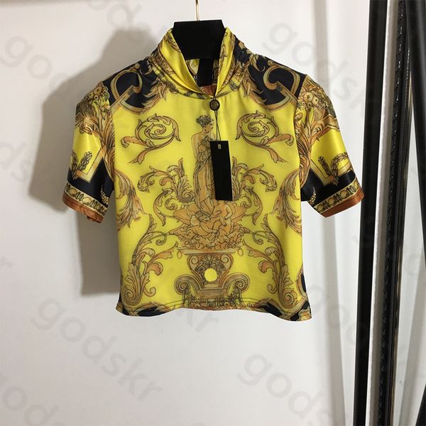 Sexy vintage print shirt dames opstaande kraag korte mouwen blouse luxe merk rits pullover T-shirt