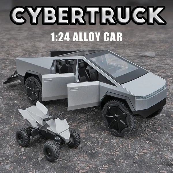 Diecast Model Car 1/24 Tsila Cybertruck Truck Alloy Toy Car Modelo Diecasts Veículos Pickup Motorcycle Car Decoração Kid Boys Brinquedos Presentes de Natal 231005