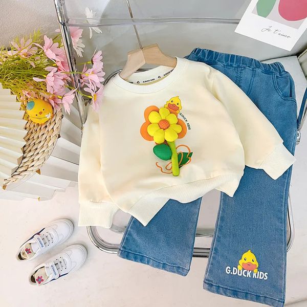 Set di abbigliamento Vestiti coreani per bambini Set primaverili e autunnali per bambini Maglione floreale 3D + Stampa Jeans Suit per ragazze Bellissimi vestiti per bambini Ragazza 230927