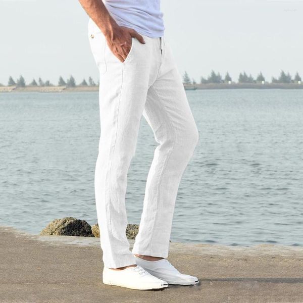 Мужские брюки, мужские повседневные льняные дышащие свободные длинные однотонные прямые брюки