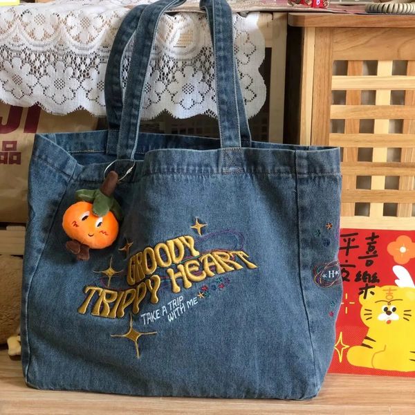 Einkaufstaschen Retro Denim Jeans Stickerei Casual Tote Coole Mädchen Umhängetaschen LGBT Weiche Student Große Kapazität Vintage Shopping Handtasche 231006