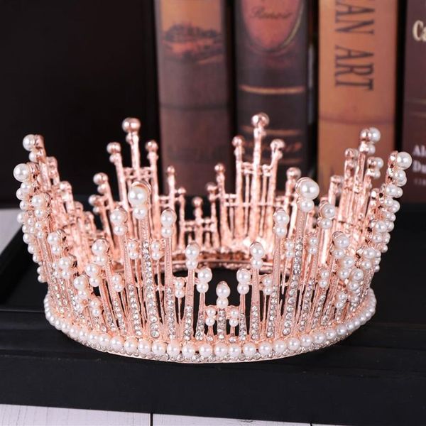 Barrette rotonde vintage con perle in oro rosa e perle, grande corona nuziale per accessori per capelli da sposa, gioielli della regina intarsiati in cristallo271h