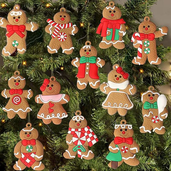 Decorações de Natal 12 peças enfeites de boneco de gengibre para árvore de Natal, enfeites de estatuetas de plástico variadas para decorações suspensas de árvore de Natal 231005