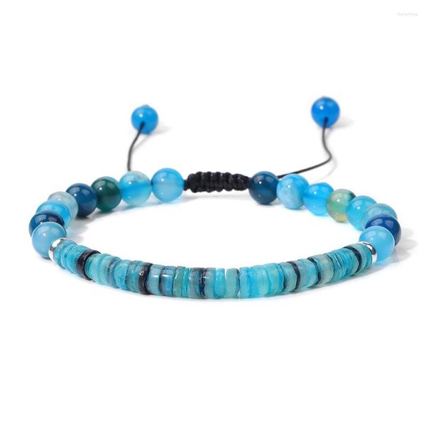 Braccialetti a maglie Conchiglia blu Agate Bracciale con perline Pietra naturale Piatto tondo intrecciato Gioielli curativi regolabili Regali per donne Uomini