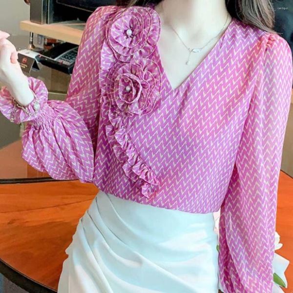Frauen Blusen 3D Rose Verzierte Perle Rot Chiffon Elegante Bluse Shirt Herbst Stil Süße Langarm Top Blusa Mujer Moda 2023