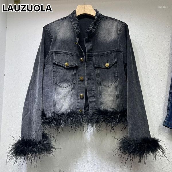 Jaquetas femininas 2023 outono inverno estilo coreano pena bainha denim jaqueta cortada mulheres manga longa noite clube festa casaco curto outwear