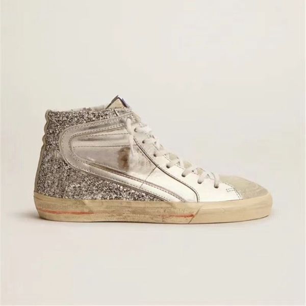 Дизайнерская обувь Золотые кроссовки Mid Slide Star Hightop от итальянских брендов Pinkgold Glitter White Dirty Goose Shoes Alessandro Gallo Francesca Rinaldo с коробкой