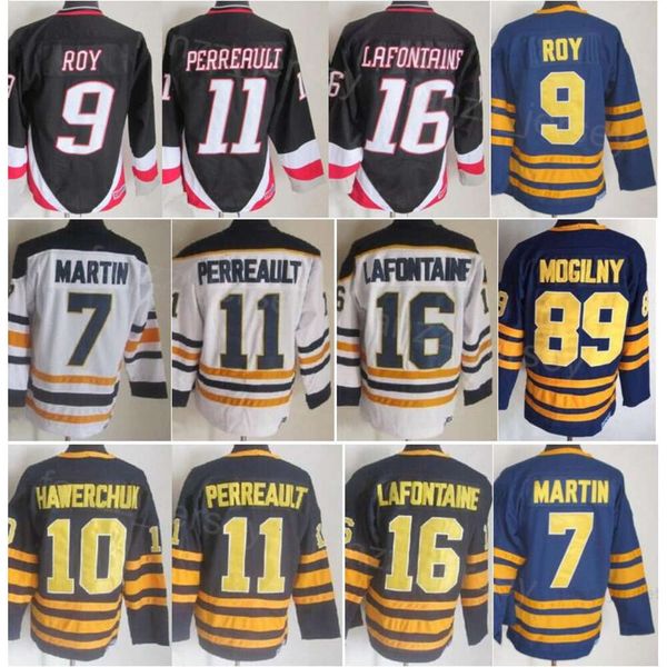 Homem Vintage Hóquei 11 Gilbert Perreault Jerseys Retro 89 Mogilny 16 Pat LaFontaine 7 Rick Martin 26 Thoma Vanek 18 Danny Gare 10 Hawerchuk Costura Azul Marinho Branco Preto