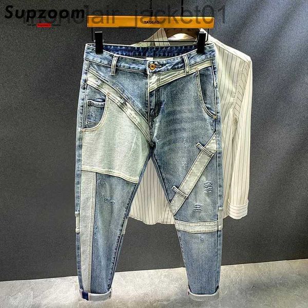 Мужские джинсы Supzoom, Новое поступление, горячая распродажа, модные осенние джинсы с застежкой-молнией, потертые в стиле пэчворк, джинсовые карманы-карго, хлопковые мужские джинсы J231006