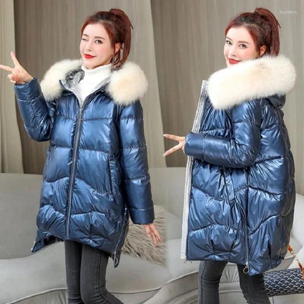 Mulheres para baixo brilhante com capuz removível gola de pele quente parka feminino coreano solto manga longa algodão-acolchoado jaquetas na moda grosso casaco de inverno