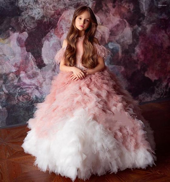 Abiti da ragazza Abito da ballo Abito a fiori di lusso per matrimoni Piume Tulle Perline Abiti da spettacolo per bambini Abiti da festa Costumi per ragazze