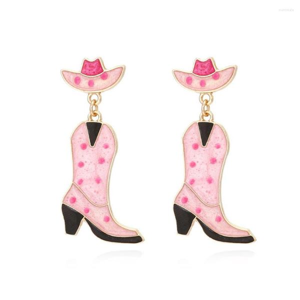 Baumelnde Ohrringe, süßes rosa gepunktetes Öl, tropfender Hut, Stiefel, für Frauen, modischer, moderner Cowboy-Ohrring-Schmuck im westlichen Stil