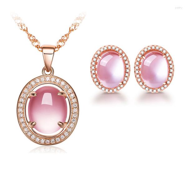 Halskette Ohrringe Set Ociki Rose Gold Farbe Oval CZ Kristall Ross Quarz Rosa Opal und Schmuck für Frauen Mädchen Tropfen