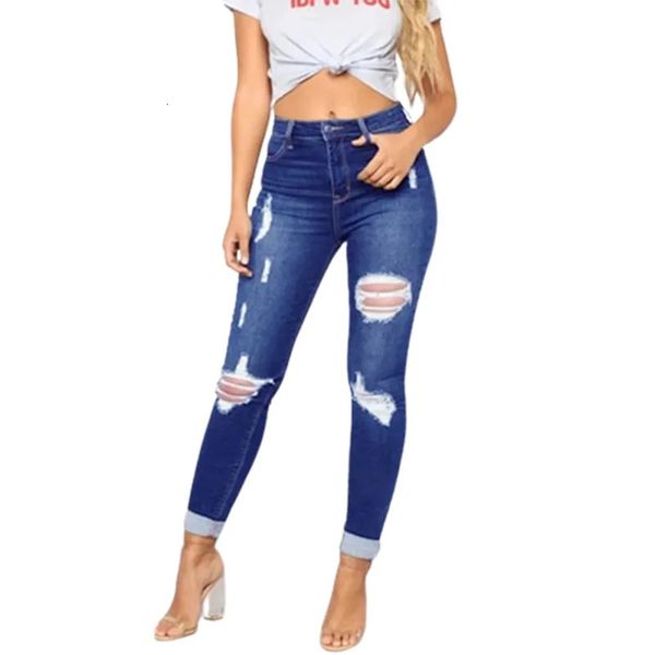 Mulheres jeans cintura alta apertado estiramento lápis fino ajuste hip elevador denim calças buracos quebrados tendência streetwear feminino calças casuais 231005