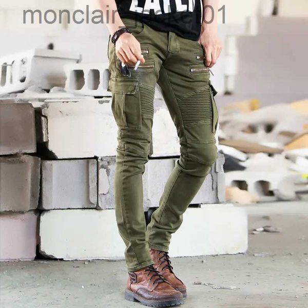 Jeans masculinos jeans verdes jeans motociclista skinny nova pista angustiada slim elástico homme hip hop militar motocicleta calças de carga j231006