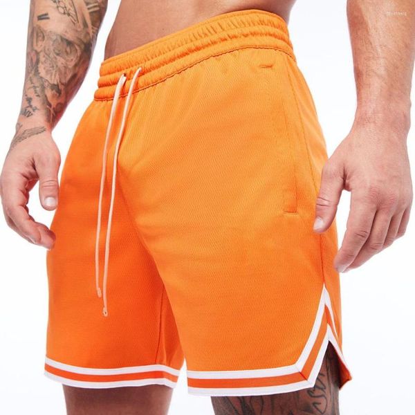 Мужские шорты, мужские дышащие баскетбольные оранжевые сетчатые шорты для фитнеса и отдыха, тренировки, спортивные штаны, быстросохнущие спортивные залы, бодибилдинг