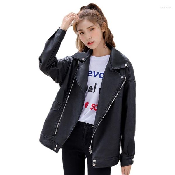 Frauen Leder 2023 Winter Herbst Mantel Kurze Koreanische Mode Lose Student Bf Motorrad Jacke Schwarz Top