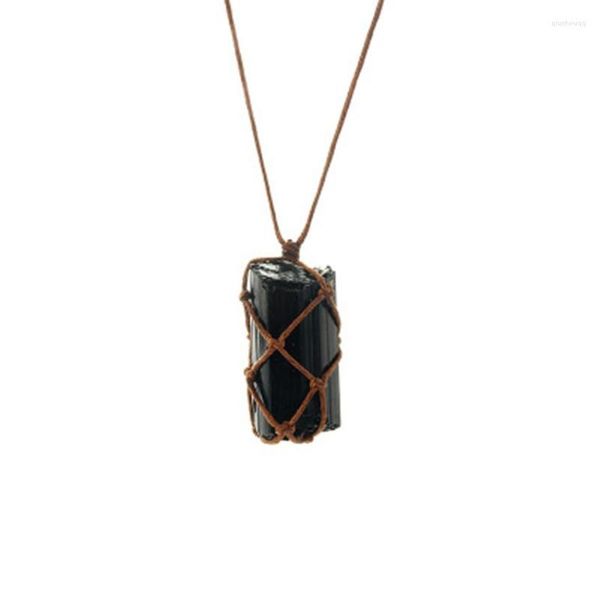 Ожерелья с подвесками FYJS, уникальные ювелирные изделия, плетенная обертка ручной работы, неправильная форма, черный турмалин, ожерелье в этническом стиле