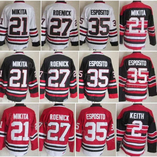 Man Vintage Hokey 27 Jeremy Roenick Forma CCM 21 Stan Mikita 2 Duncan Keith 35 Tony Esposito Retro Klasik All Dikişli Siyah Beyaz Kırmızı Takım Emekli Kazak Yüksek