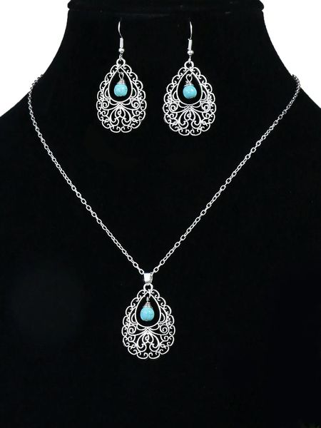 Set di gioielli da sposa Orecchini vintage con turchesi per donna Boho Colore argento Lega Pietra blu Fiore intagliato Goccia 231005