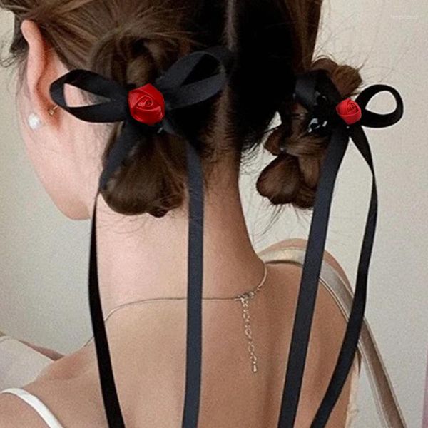 Acessórios de cabelo Red Rose Streamer Bow Ribbon Clip para meninas elegantes gravatas de alta qualidade mulheres estéticas