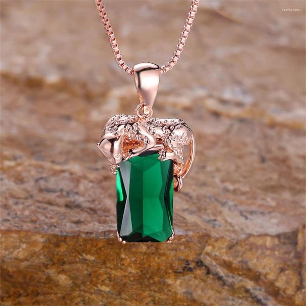 Colares Pingente Masculino Feminino Bonito Leopardo Colar Verde Cristal Quadrado Pedra Para Mulheres Homens Rosa Cor De Ouro Cadeia Charme Jóias