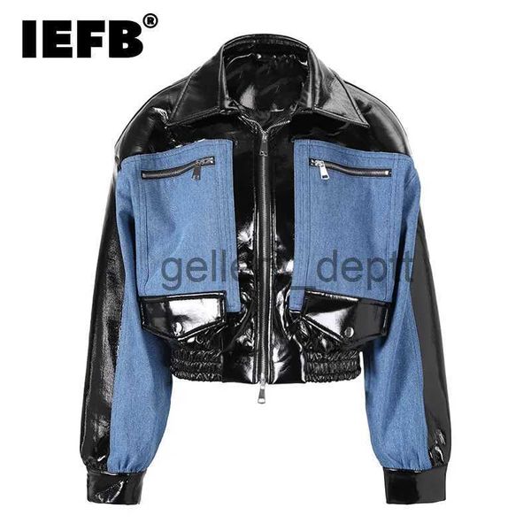 Мужские куртки IEFB Джинсовые лоскутные кожаные куртки Trend Мужская мода Силуэт Короткая ветровка в корейском стиле Роскошное повседневное пальто из искусственной кожи CPG0512 J231006