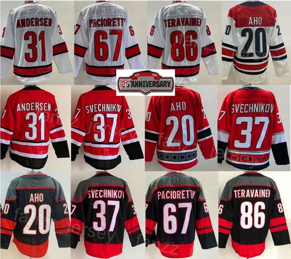 Hóquei retrô reverso 20 Sebastian Aho Jersey Man 31 Frederik Andersen 86 Teuvo Teravainen 37 Andrei Svechnikov 25º aniversário para fãs de esportes Team