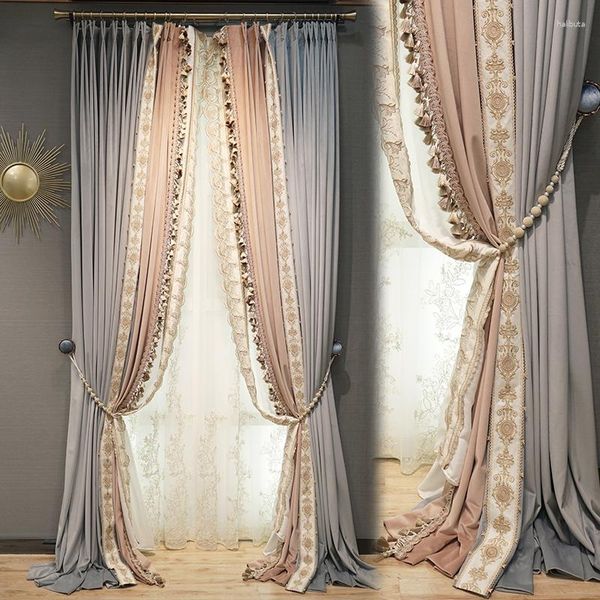 Cortina estilo francês luz luxo cinza costura rosa cortinas de veludo de alta qualidade rendas bordadas para quarto feminino