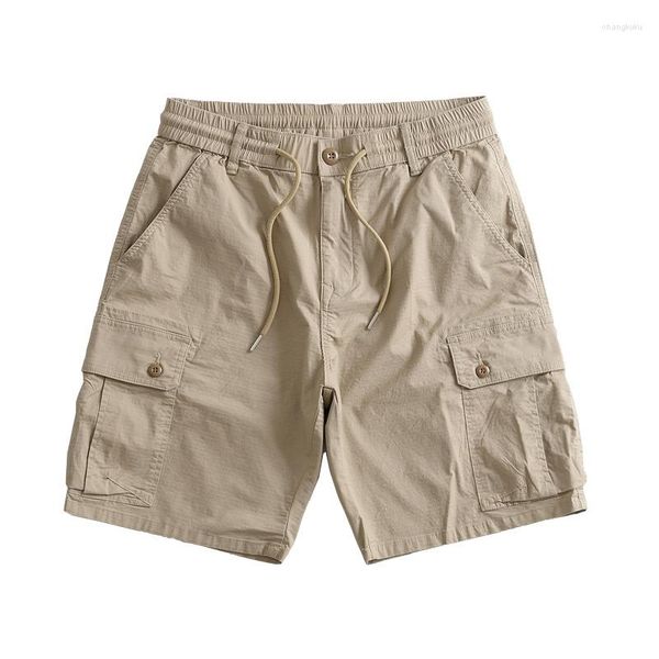 Shorts masculinos estilo fino respirável verão vintage multi-saco calças de níquel carga casual micro elástico em linha reta cintura solta