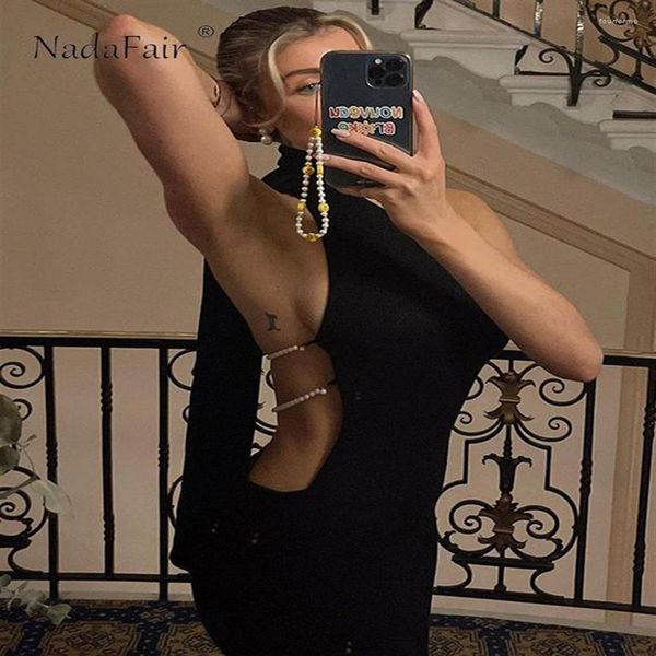 Casual Kleider Nadafair Rollkragen Perle Backless Split Maxi Kleid Frauen Sexy Ärmel Cut Out Chic Elegante Party Club Schwarz Sum277y