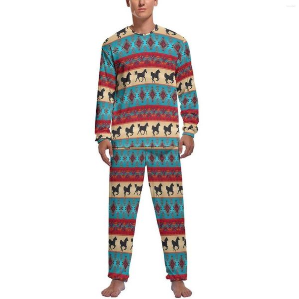 Pijamas masculinos Tribal Horse Pijama Manga Longa Impressão Vintage 2 Peças Conjuntos de Pijama Casual Primavera Masculino Personalizado Bonito