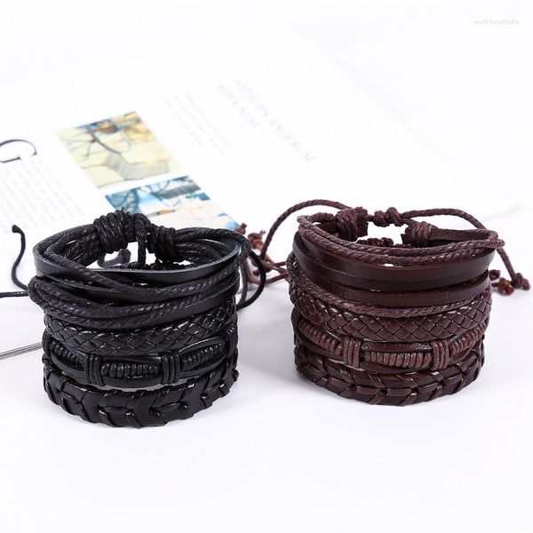 Braccialetti con ciondoli 4 pezzi / set Retro Hippie Punk Wrap Macrame Cordoncino di cera Nodi Marrone scuro Strati di pelle nera Bracciale impilabile Braccialetti per uomo