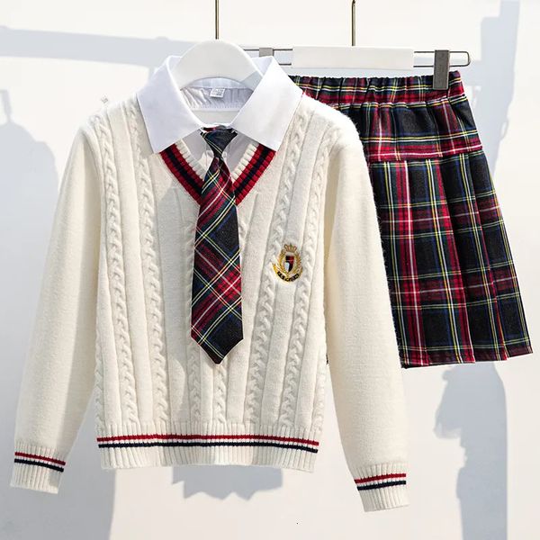 Kleidungssets Sets für Mädchen Schuluniform Twinset Kinderkostüm Kinderanzug Preppy Sweater Rock Kleidung für Teenager 6 8 9 10 12 14 Jahre 230927