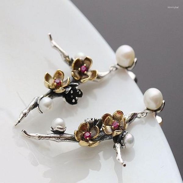Baumelnde Ohrringe BOCAI Original handgemachte Silber Pflaumenbaum Zweig Frau echtes S925 Sterling mit natürlichen Perlen