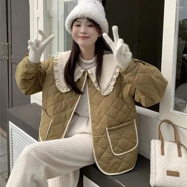 Casacos de Trench das Mulheres Estilo Coreano Inverno Bonito Solto Jaqueta Quente Mulheres Chic Ruffle Pescoço Doce Parkas Ovrcoat Menina Japonesa Harajuku Kawaii