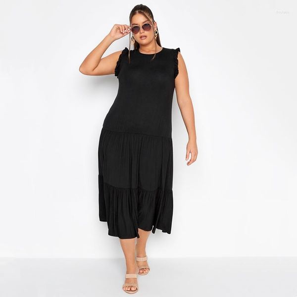 Kleider in Übergröße, ärmellos, Sommer, elegant, Maxi-Kittelkleid, Damen, Rüschenärmel, lange Passform, Flare, schick, Tank, lässig, Strand, 8XL