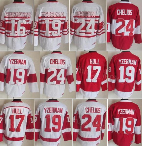 Homem Vintage Hóquei 16 Vladimir Konstantinov Jersey Clássico CCM 17 Brett Hull 24 Chris Chelios 19 Steve Yzerman 91 Sergei Fedorov Retro 75º Aniversário Bordado