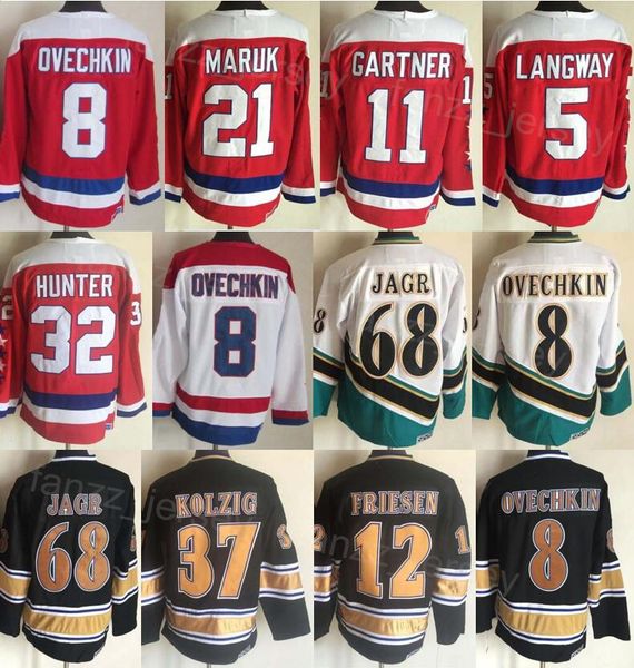 Homem Vintage Hóquei 32 Dale Hunter Jersey CCM 68 Jaromir Jagr 11 Mike Gartner 12 Jeff Friesen 37 Kolzig 5 Rod Langway 8 Alex Ovechkin 21 Dennis Maruk Retro Clássico