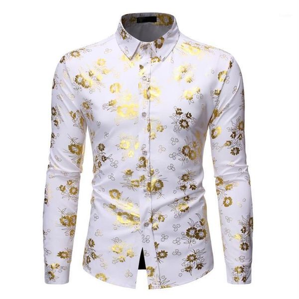 Fantasia masculina florida ouro impressão vestido camisa masculina 2020 novo design de luxo fino ajuste camisas smoking para clube festa disco1272m