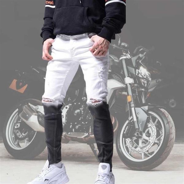 Erkek kot erkek esneklik sıska yırtılmış gradyan renk adam kalem pantolon moda motorlu bisikletçisi hip hop zipper denim pantolon272i