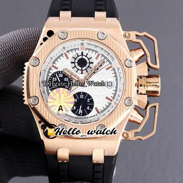 JF Nuovo 44mm 26165 ETA A7750 Cronografo automatico quadrante bianco Orologio da uomo Cassa in oro rosa Cronometro Orologi sportivi in gomma Hell205n