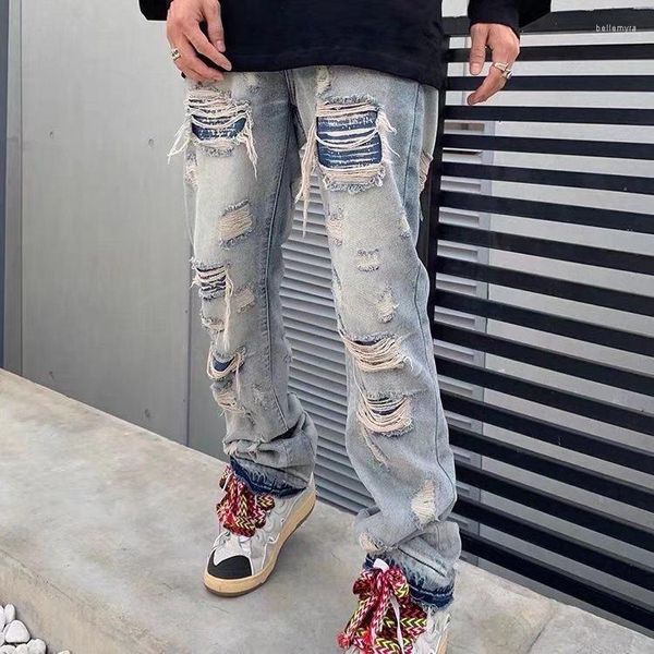 Pantaloni da uomo Jeans strappati per uomo Pantaloni vintage con foro di lavaggio Pantaloni micro corno allentati Abbigliamento da strada streetwear Denim N3