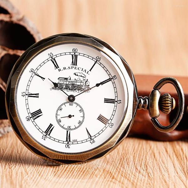 Orologi da tasca Orologio meccanico senza cappuccio in argento moda per uomo Donna Quadrante modello treno a vapore retrò Orologi a sospensione a carica manuale Regalo