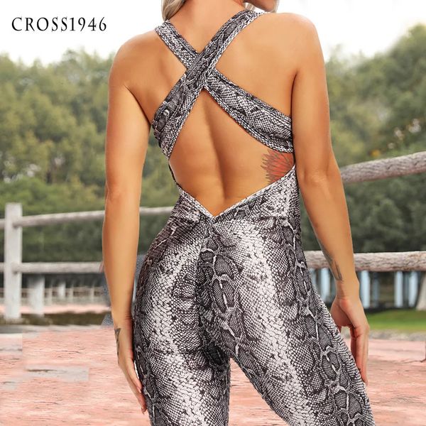 Completo da yoga Modello serpente Stampa Set da donna Completo sportivo Halter Backless Tuta sexy Vita alta Fianchi Pantaloni Tuta fitness 231005