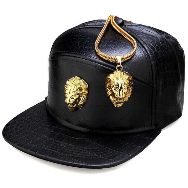 Hip Hop Rap 5 pannelli in metallo oro testa di leone berretto da baseball in pelle PU casual unisex cappelli con fibbia per cintura uomo nero rosso 2106232381