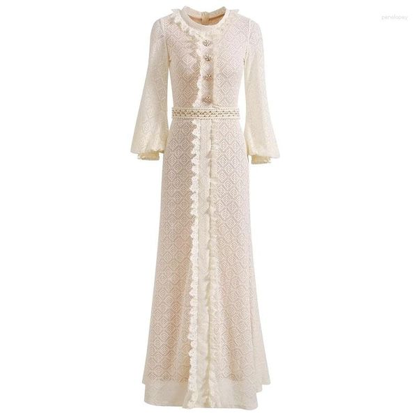 Lässige Kleider XXL Spitze Langes Kleid 2023 Herbst Winter Abend Party Frau Allover Häkeln Stickerei Perlen Deco Sleeve Maxi