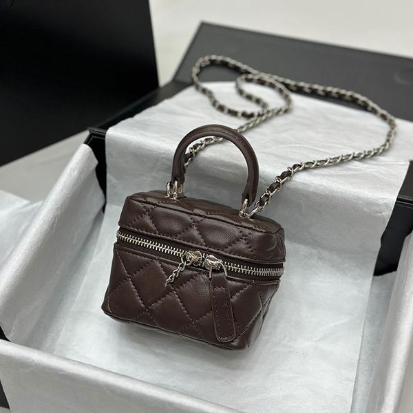 Bolsa de cosméticos feminina de couro genuíno, bolsa de maquiagem CF de luxo com padrão de diamante para armazenamento de cosméticos bolsa de ombro com corrente de designer carteira de bolsa crossbody